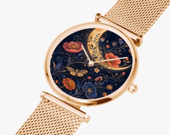 Reloj de luna del jardín de medianoche Reloj floral celestial Reloj de luna creciente Reloj de estilo cottagecore Reloj botánico del cielo nocturno