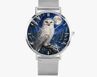 Vogelhorloge op sneeuwuil, op glas-in-lood geïnspireerd uurwerk | Winter natuurcadeau | Vantaflame