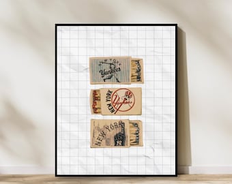 Vintage New York Baseball Matchbox Print, NYC Sports Wall Art, Retro Baseball Decor Digitale Download Poster