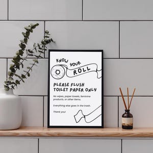 Please Flush Toilet Paper Only Sign | Bathroom Rules Wall Art | Guest Bathroom Decor Print