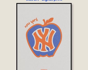 New York Big Apple-print, oranjeblauwe NYC-muurkunst, vintage basketbaldecor, minimalistische stedelijke print, cadeau voor Knicks-fans