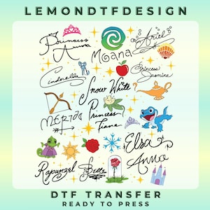 May include: A DTF transfer sheet featuring various character names in cursive script, including Princess Aurora, Moana, Ariel, Cinderella, Snow White, Princess Jasmine, Merida, Princess Tiana, Elsa, Rapunzel, Belle, and Anna, with icons like a crown, shell, apple, lamp, lizard, rose, and castle.