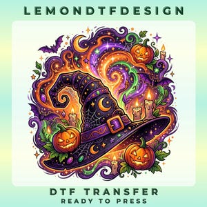 May include: A black witch hat with a purple belt and gold buckle, surrounded by orange jack-o'-lanterns, lit candles, purple bats, and swirling colorful smoke. The text LEMONDTFDESIGN DTF TRANSFER READY TO PRESS is visible at the top and bottom.