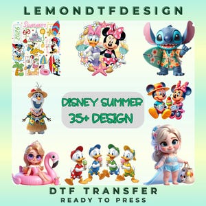May include: A collection of Disney-themed DTF (Direct to Film) transfer designs. The image features various characters like Mickey and Minnie Mouse, Stitch, and Elsa, with a summer theme. Text includes "Disney Summer 35+ Design" and "DTF Transfer Ready to Press."