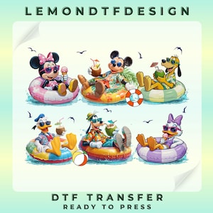 May include: A DTF transfer design featuring six Disney characters, including Mickey, Minnie, Donald, Daisy, Goofy, and Pluto, wearing sunglasses and tropical shirts while floating in colorful inner tubes on water with drinks and ice cream.