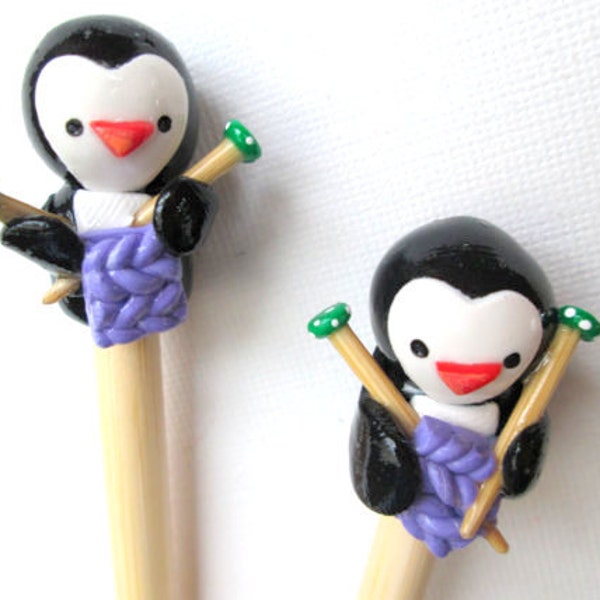 Knitting Penguins Knitting Needles-- HANDMADE Polymer on premium Bamboo