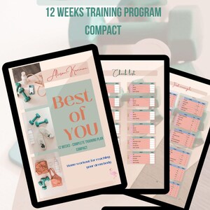 Può includere: Un programma di allenamento digitale di 12 settimane intitolato Best of YOU che include un calendario, liste di controllo e piani di esercizi. Il documento utilizza una tavolozza di rosa tenue, verde acqua e bianco, con il testo Home workout for reaching your drem body.