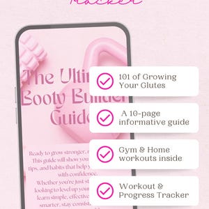 Op de afbeelding: Een roze digitale gids genaamd "Booty Builder Guide Workout & Progress Tracker" op een smartphone. De gids belooft 101 tips voor het kweken van billen, een informatieve gids van 10 pagina's en sportschool- en thuisworkouts.