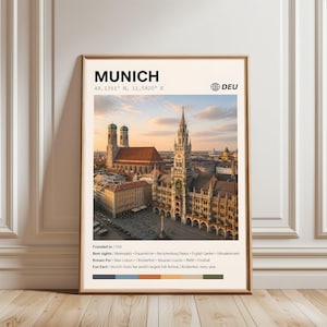 Peut inclure: Une affiche encadrée de Munich, en Allemagne, avec le nom de la ville et ses coordonnées. L'image présente des bâtiments et des monuments notables, avec du texte détaillant l'histoire et les attractions de la ville. L'affiche est affichée sur un sol en bois.