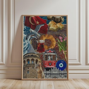 May include: A collage print featuring a Turkish flag, a seagull, baklava, a simit, a glass of tea, a red tram with the text TAKSIM-TUNEL, the Galata Tower, a cat, pink tulips, and a blue evil eye amulet arranged on a patterned rug background.