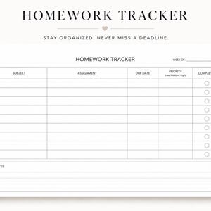 Minimalist Homework Tracker Printable, Assignment Planner (PDF Download)