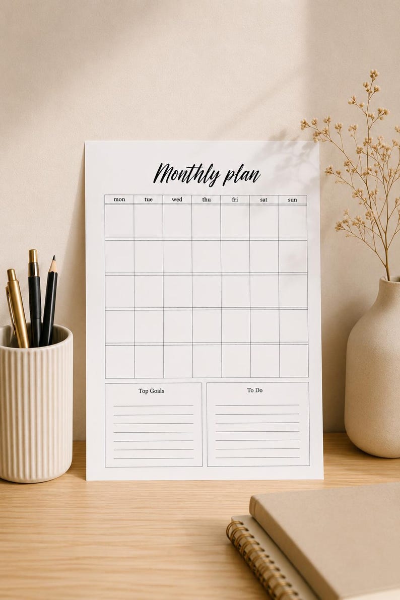 Simple Monthly Planner Printable, Minimal Monthly Schedule, Undated ...