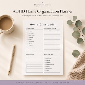 Peut inclure: Un planificateur d'organisation de maison ADHD sur papier blanc avec du texte et des cases à cocher noirs. La mise en page comprend des sections pour les zones de nettoyage, le suivi du désencombrement, les tâches de 10 minutes et le reset hebdomadaire.