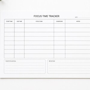 May include: A white paper Focus Time Tracker sheet with black text and grid lines. The layout includes columns for start time, end time, focus task, duration, and notes, plus sections for today's focus goal and reflection at the bottom.