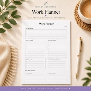 Puede incluir: Una hoja de planificador de trabajo blanca con texto y líneas negras. Las secciones incluyen Top Priorities, Today's Tasks, Meetings/Calls, Quick Wins, Waiting For/Follow Up y End of Day Review. El encabezado dice Plannerlabcreative Work Planner.