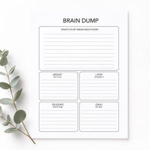 Könnte beinhalten: Ein weißes Planerblatt aus Papier mit der Überschrift BRAIN DUMP, einem großen Bereich mit der Beschriftung WHAT'S IN MY BRAIN RIGHT NOW? und vier kleineren Abschnitten mit den Titeln URGENT Do it now, LATER Schedule it, DELEGATE Ask for help und IDEAS For later.