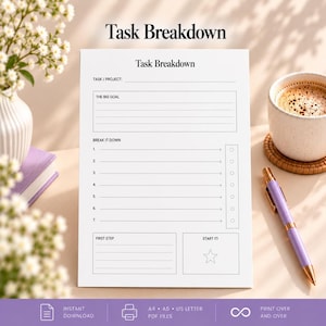 Könnte beinhalten: Ein weißes Aufgabenplanungsblatt mit Abschnitten für Task/Project, The Big Goal und einer nummerierten Liste von eins bis sieben mit Kontrollkästchen. Das Dokument enthält ein First Step-Feld und ein Start It-Feld mit einem aufgedruckten Stern.