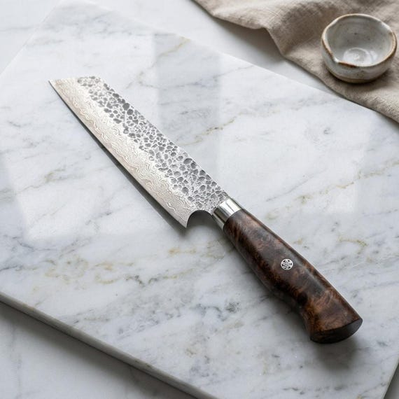 Hand-Forged Damascus Chef Knife, K-Tip Japanese Bunka, Rosewood Handle, Genuine Leather Scabbard