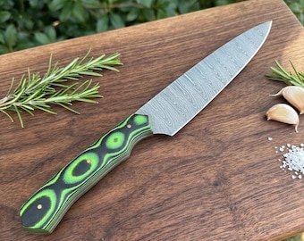 Handmade Damascus Chef Knife | Forged Japanese Style Blade | Green Micarta Handle | Culinary Gift