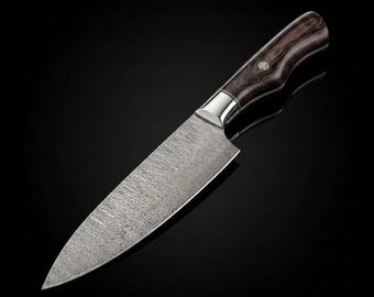 Damascus Chef Knife, Hand Forged Kitchen Knife, Japanese Style Cooking Knife, VG10 Inspired Pattern, Wood Handle Chef Gift