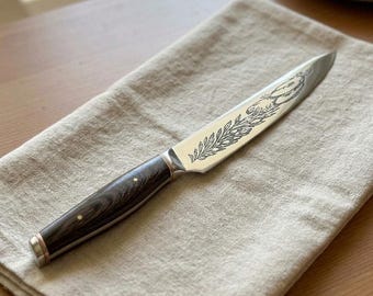 Handmade Engraved Chef Knife | Stainless Steel, Natural Wood Handle
