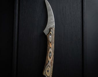 Damaskus-beningskniv | Handsmidd böjd kniv, ergonomiskt trähandtag