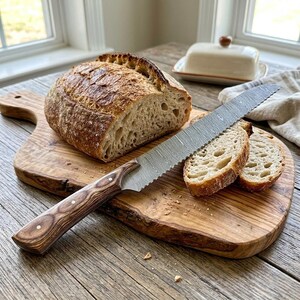 May include: A serrated bread knife with a dark wood grain handle rests on a rustic wooden cutting board next to a loaf of sourdough bread and two sliced pieces. The knife blade features a distinct wavy pattern along the metal surface.