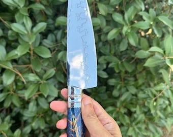 13-Inch outdoor Custom Chef Knife, Stainless Steel Blade, Blue Resin Hybrid Handle, Culinary Gift