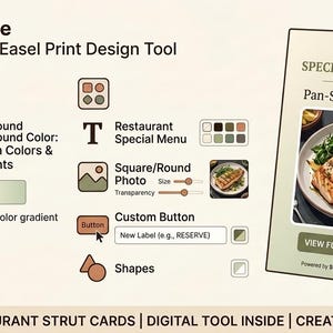 May include: A digital interface for the StandWise StrutCard and Easel Print Design Tool, featuring a menu editor with options for background colours, gradients, text, photos, and custom buttons, alongside a preview of a restaurant table tent card.