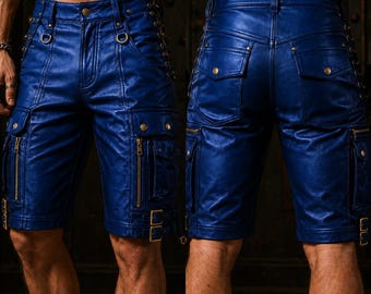 Men's Black Leather Cargo Shorts - Genuine Leather Utility Biker Shorts - US Festival Wear