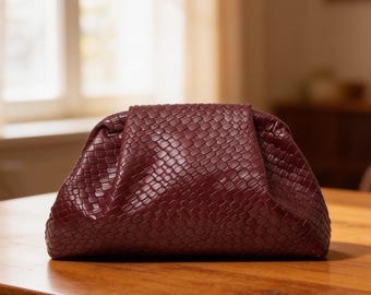 Vintage Woven Leather Handbag | Burgundy Interlaced Pattern Top Handle Bag