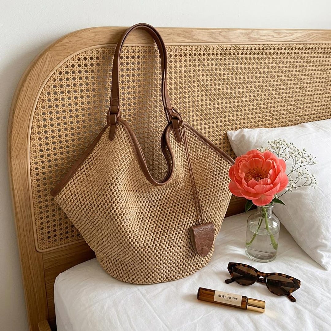 Large Woven Straw Tote | Boho Beach Bag With Leather Trim & Inner Pouch ...