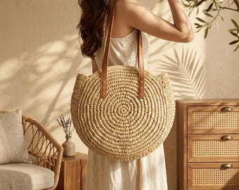 Bolso de hombro redondo de paja / Bolso de playa de ratán tejido a mano con gran capacidad