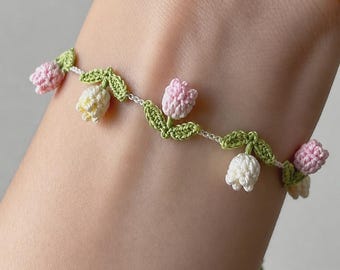 Mönster för virkning av små tulpansmycken | Handledning för armband med blommiga smycken (PDF-nedladdning)