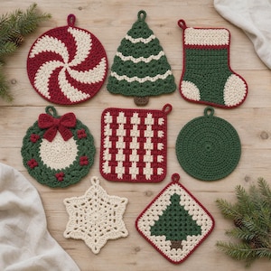 May include: A collection of eight crocheted holiday ornaments and potholders in red, green, and cream. Designs include a peppermint swirl, a Christmas tree, a stocking, a wreath with a bow, a plaid square, a solid circle, a snowflake, and a tree square.