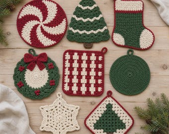 May include: A collection of eight crocheted holiday ornaments and potholders in red, green, and cream. Designs include a peppermint swirl, a Christmas tree, a stocking, a wreath with a bow, a plaid square, a solid circle, a snowflake, and a tree square.