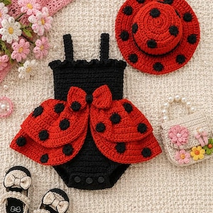May include: A crochet set featuring a black romper with a red ladybug-patterned skirt and bow, a matching red ladybug-patterned hat, a small beige handbag with floral accents, and a pair of black sandals with beige bows and pearl-like trim.