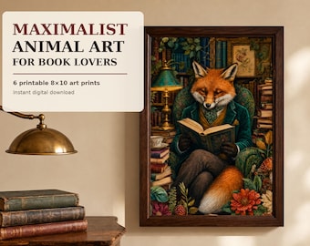 Maximalistiska konsttryck med djurläsning | Dekor för bokälskare (6x8x10 tryck)