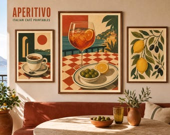 Väggkonstset med italienskt café | Retro espresso, citroner, oliver (digital nedladdning)