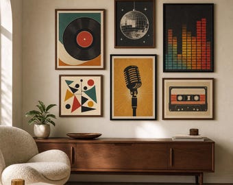 Väggkonstset med retromusik | Vinylskivor, disco, mikrofon (digital nedladdning)