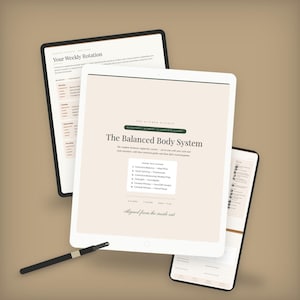 May include: Three digital tablets displaying The Balanced Body System guide with a black stylus. The screens show text including Your Weekly Rotation, nutrition and fitness plans, and a list of six system components on a light beige background.