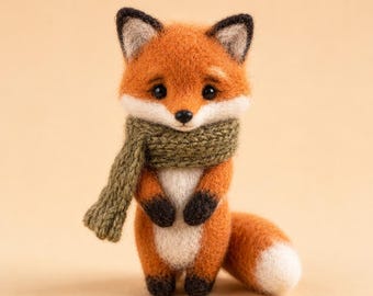 Needle Felted Fox with Scarf, Handmade Wool Fox Figurine, Woodland Animal Gift, Cute Fox Sculpture, Cottagecore Desk Decor, Christmas Gift