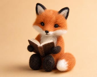 Needle Felted Reading Fox, Handmade Wool Fox Figurine, Book Lover Gift, Cute Woodland Animal Decor, Cozy Cottagecore Shelf Decor