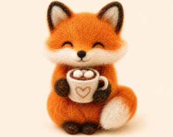 Needle Felted Fox with Hot Cocoa, Handmade Wool Fox Figurine, Cute Woodland Animal Gift, Cozy Christmas Decor, Fox Lover Gift