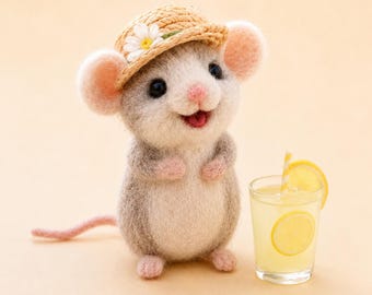 Needle Felted Mouse with Lemonade, Handmade Wool Felt Summer Mouse Figurine, Cute Cottagecore Animal Sculpture Gift