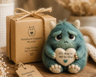 Handmade Emotional Support Monster Gift Box, Cute Anxious Wool Felt Monster, It’s Okay To Not Be Okay Desk Buddy Gift