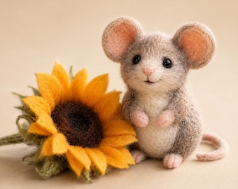 Needle Felted Mouse with Sunflower, Handmade Wool Felt Mouse Sculpture, Cute Mini Animal Figurine, Cottagecore Gift