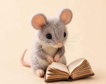 Figurine de souris de lecture feutrée à l'aiguille, sculpture de souris en laine faite main, cadeau pour amateur de livres, décoration de bureau animal miniature, cadeau des fêtes