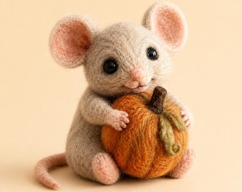 Handmade Needle Felted Mouse with Pumpkin | Autumn Fall Decor Figurine | Cute Woodland Animal Gift | Halloween Cottagecore Ornament