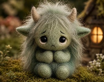 Handmade Needle Felted Forest Anxiety Monster – Cute Collectible Mini Sculpture, Emotional Support Doll, Cozy Gift